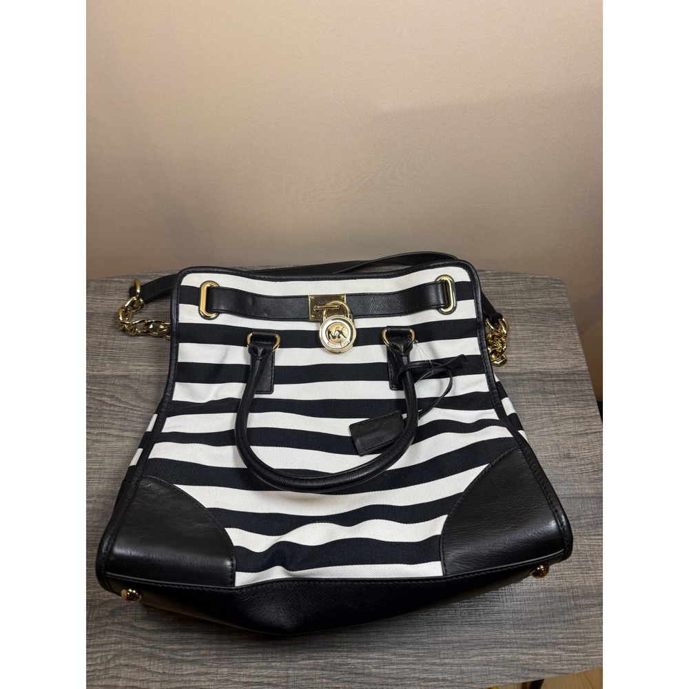 Michael Kors Hamilton Tote Bag Black White Striped Canvas Leather Gold Hardware